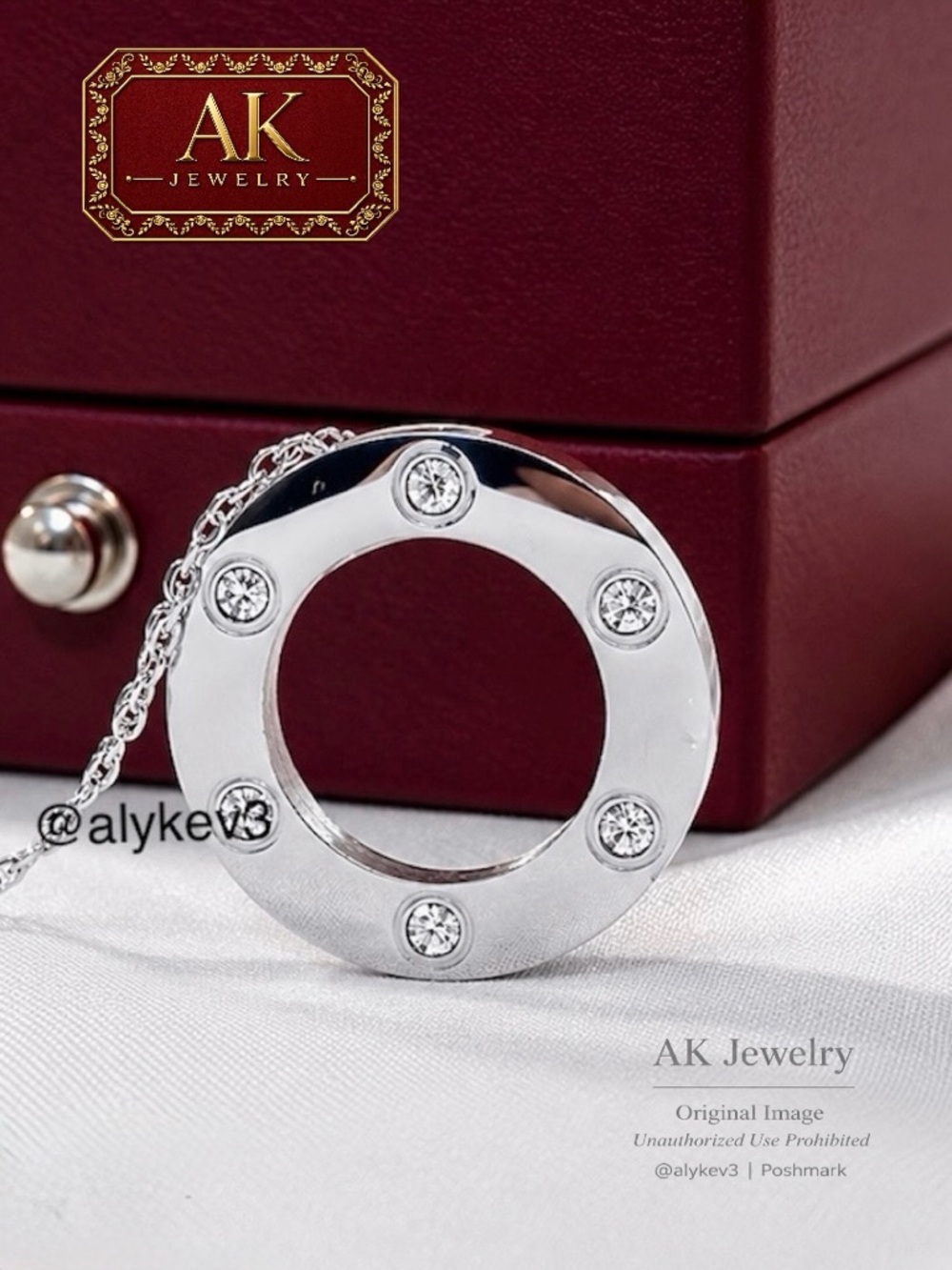 💎LUXURY Necklace 6 Diamonds White Gold Pendant Silver Round Screw Circle Love
